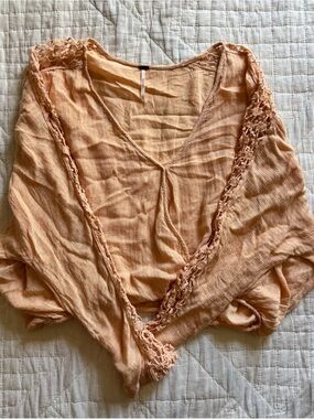 Free People Peach Crochet-Trim V-Neck Top